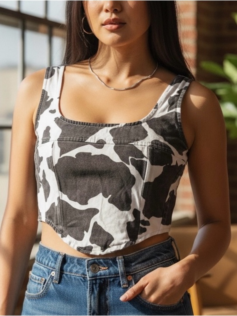 Cow Print Cropped Tank Top - Brown & White